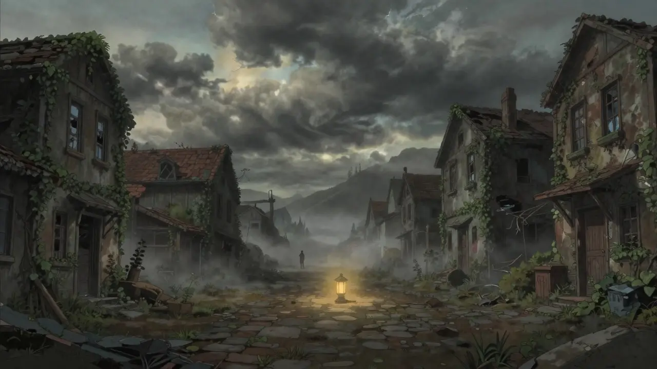 Studio Ghibli style ruined village with a single lantern, showing market decline