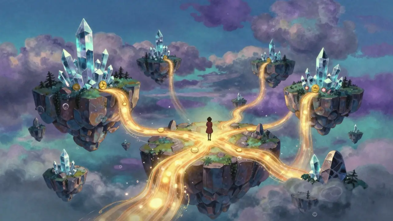 Surreal landscape with floating islands and flowing light streams