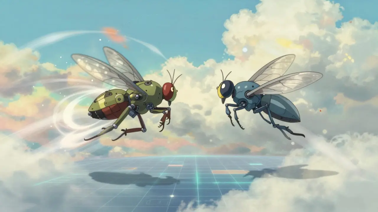 Two stylized mechanical flies battling in a dreamlike sky arena
