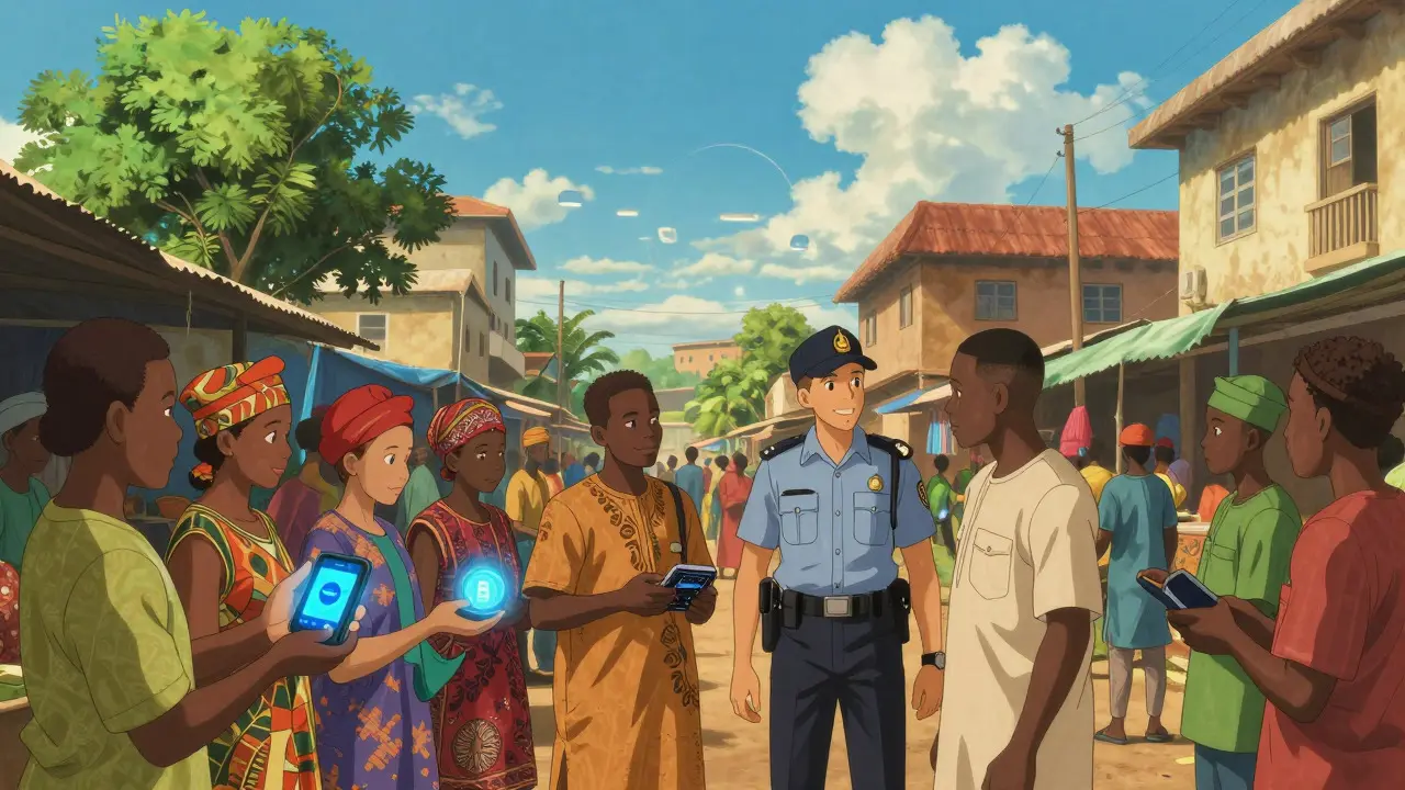 Vibrant Lagos street scene with peaceful crypto users