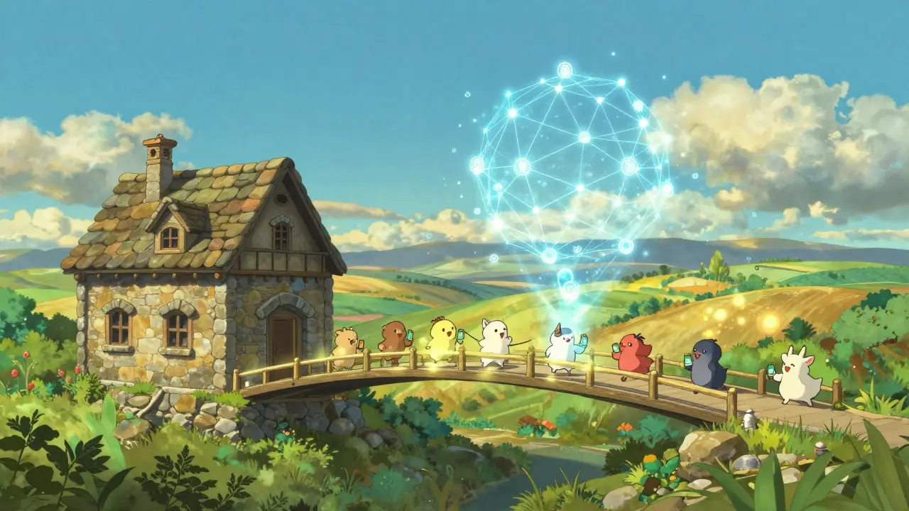 Whimsical Ghibli art showing a magic bridge connecting buildings to blockchain