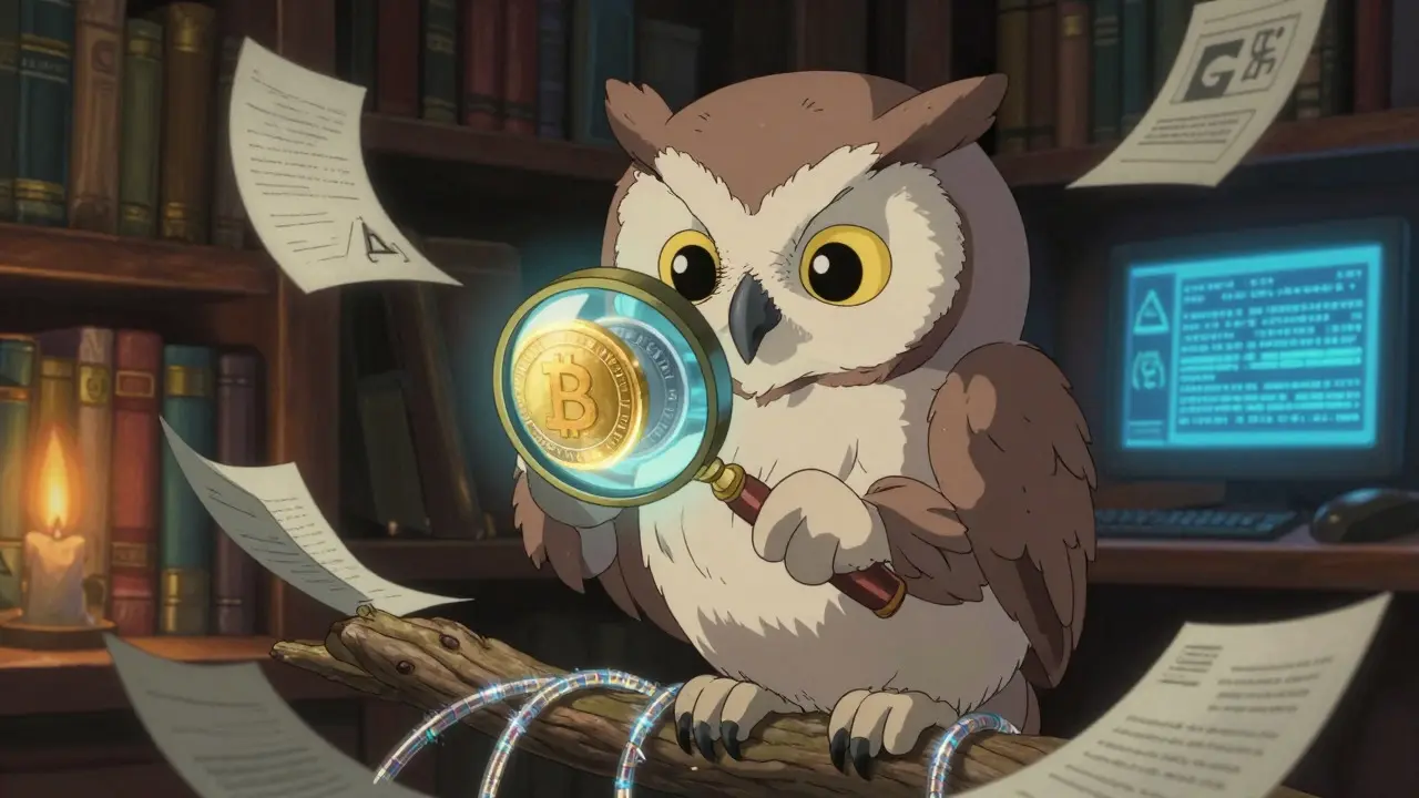 Wise owl inspecting a flickering token in a cozy library, symbolizing crypto verification in Ghibli style.