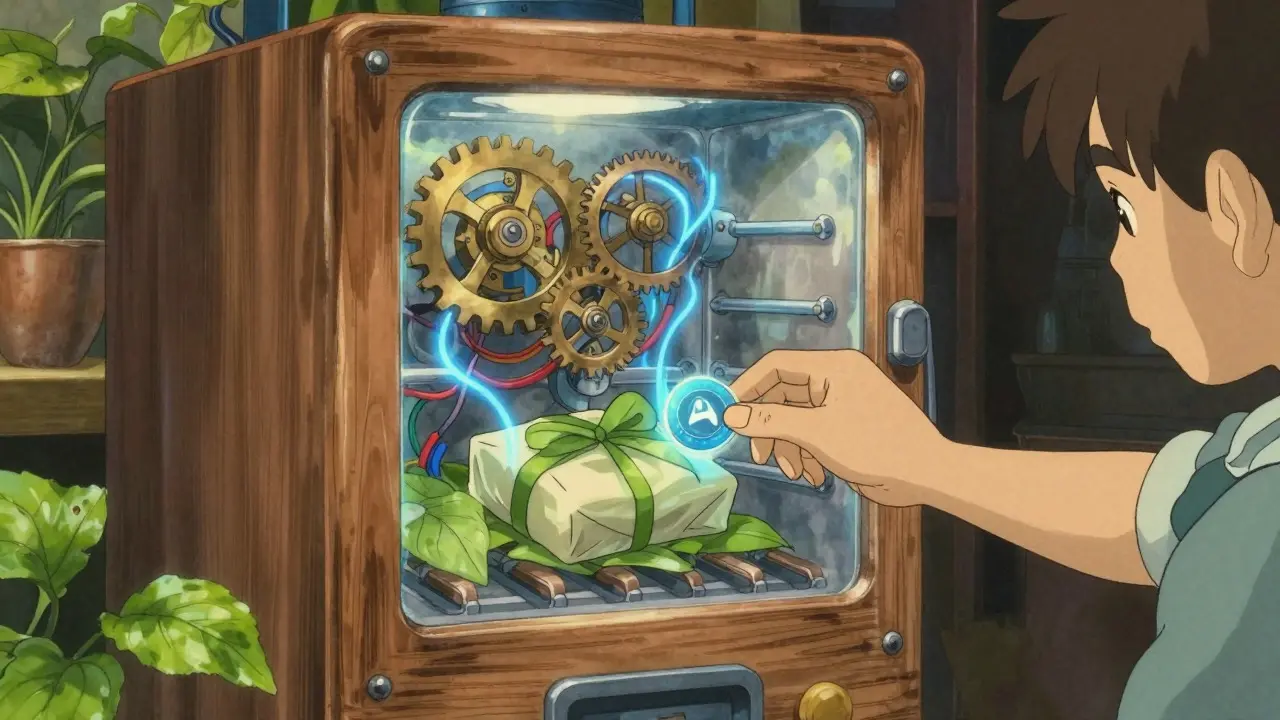 Wooden vending machine dispensing goods via smart contract magic