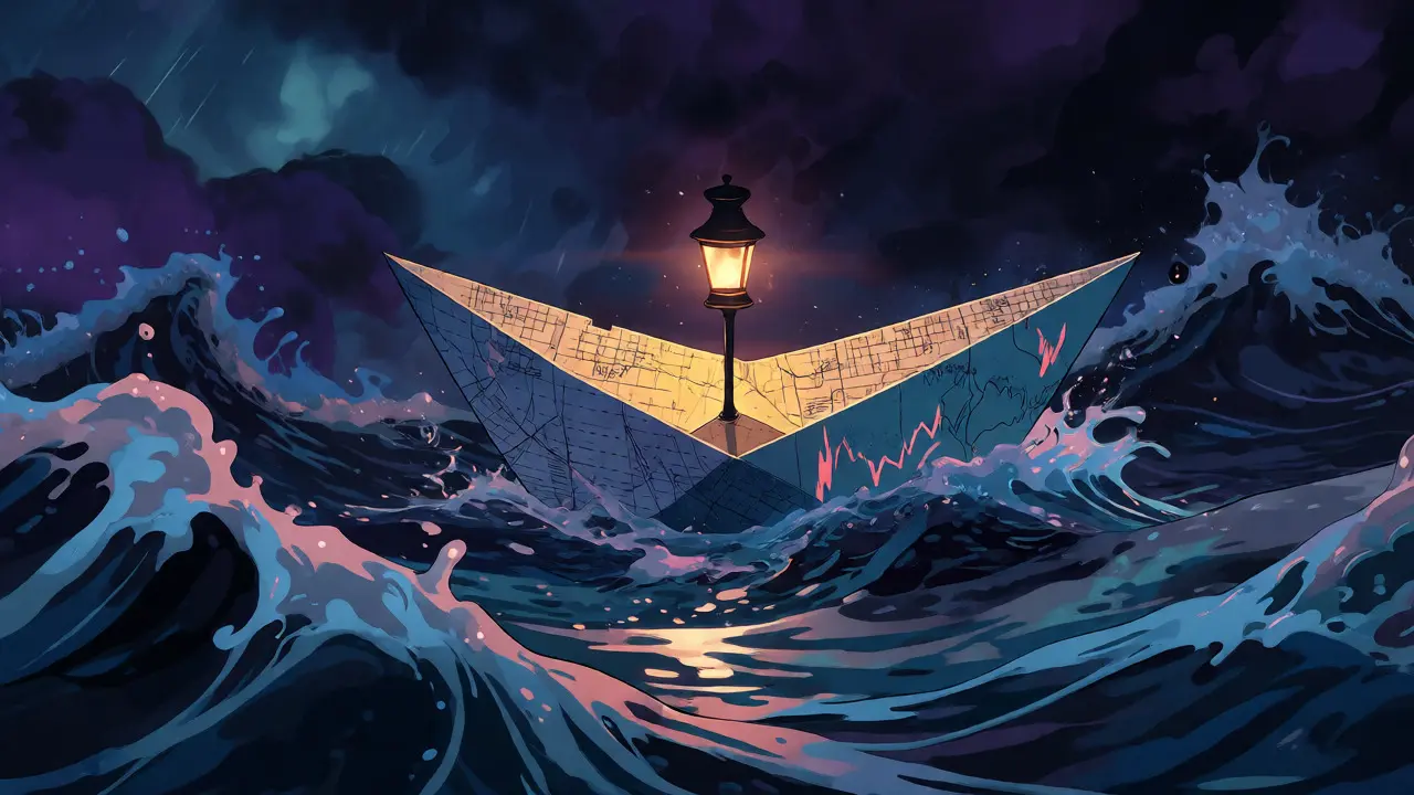 A fragile paper boat floats on a dark, turbulent river under a stormy sky.