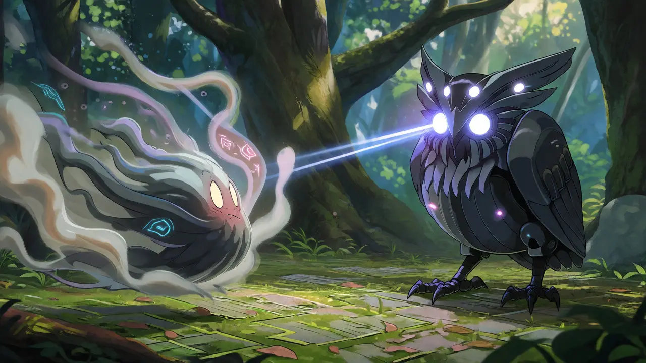 A mist-shrouded spirit hides from a multi-eyed robotic owl in a enchanted forest.
