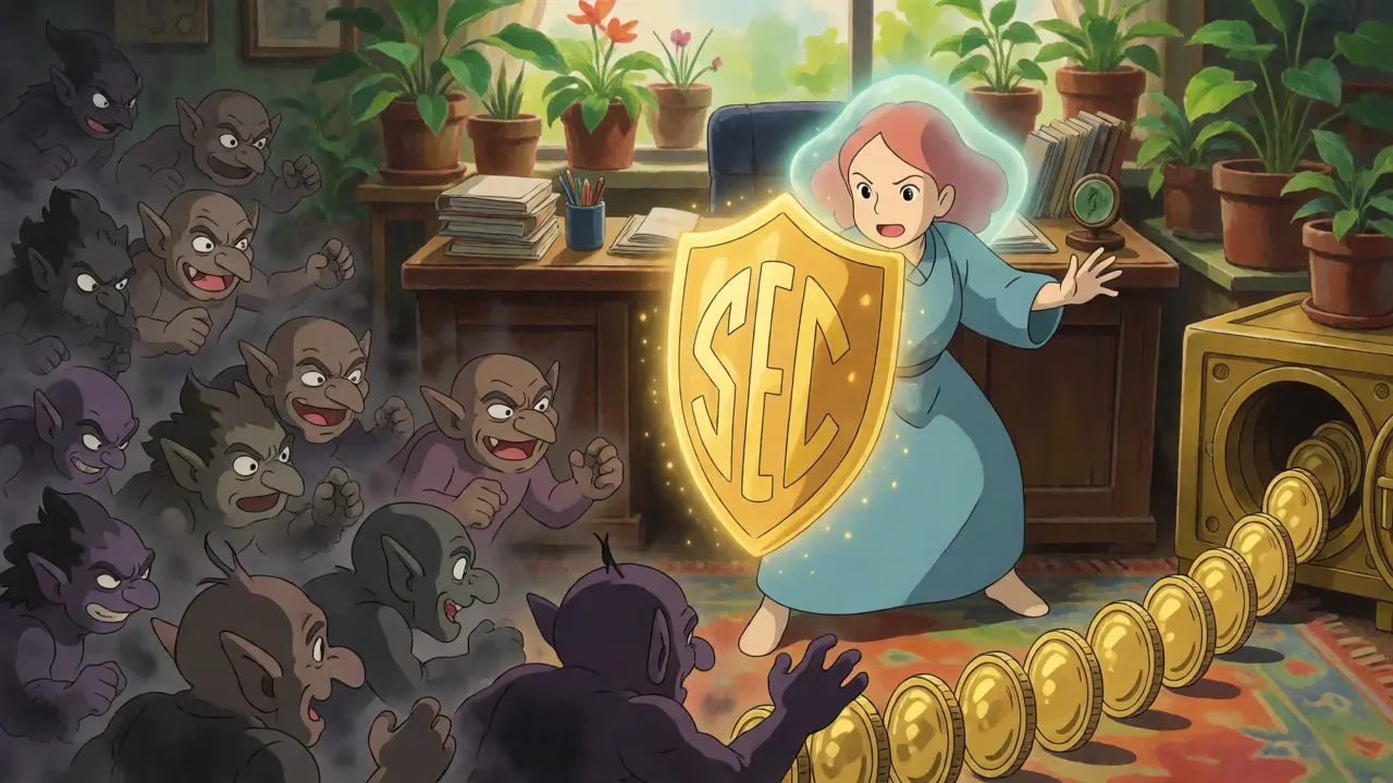 A regulator blocking scam spirits from entering a secure vault of golden coins.