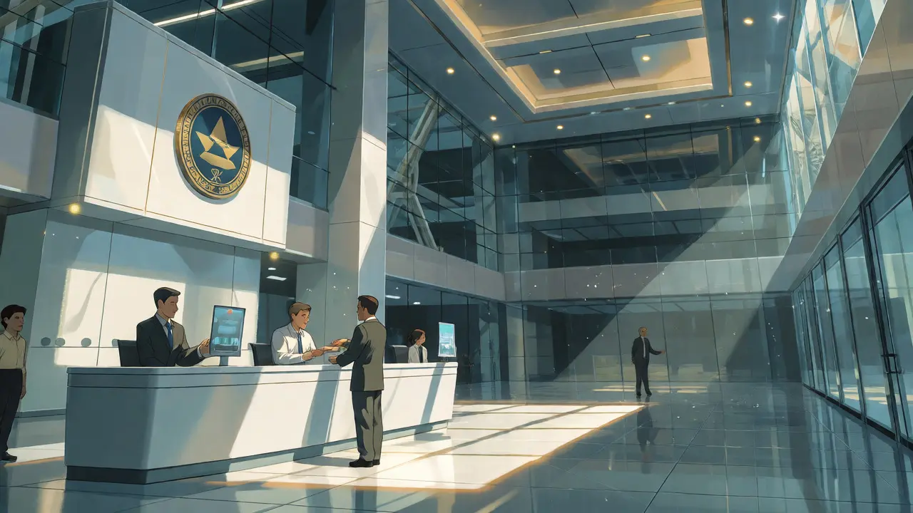 A sleek exchange hall with transparent walls revealing empty vaults inside.