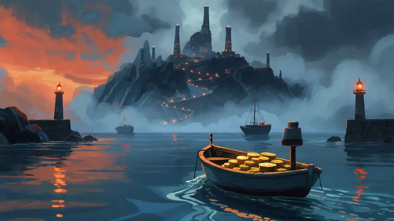 A small boat cautiously approaching a misty island from a safe harbor.