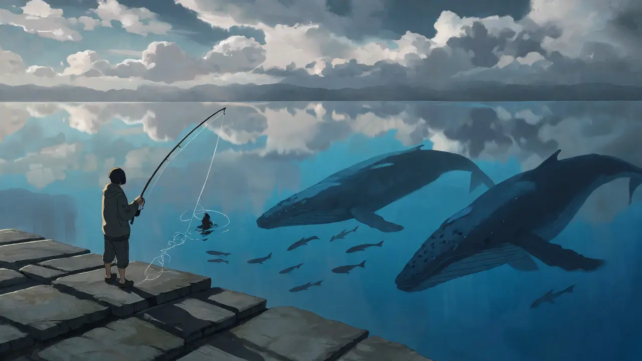 A small figure struggles to fish in a vast, empty lake representing low liquidity.
