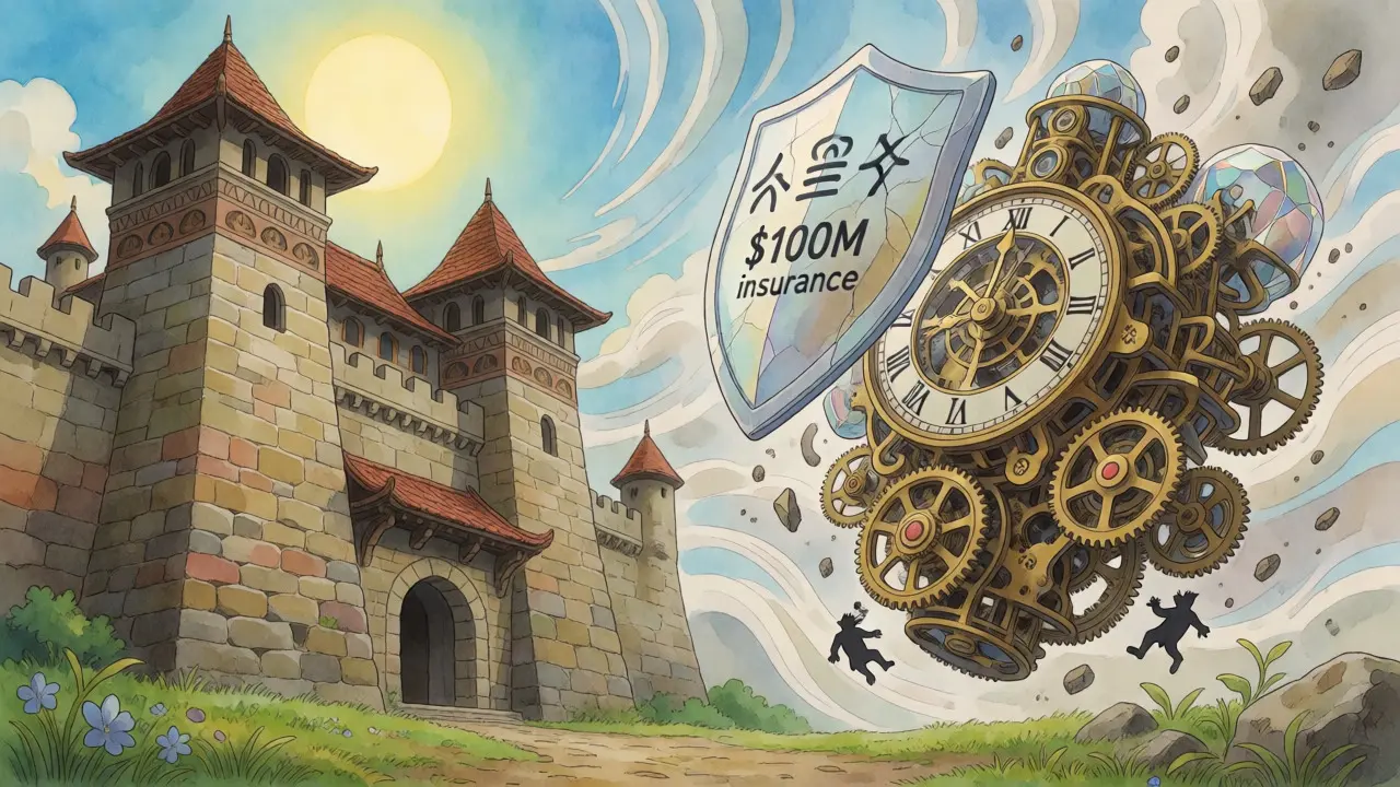 A split scene showing a stone fortress and a cracked clockwork mechanism representing security risks.