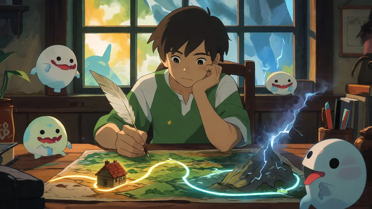 A strategist plans next steps with a map and spirit creatures in a cozy room.