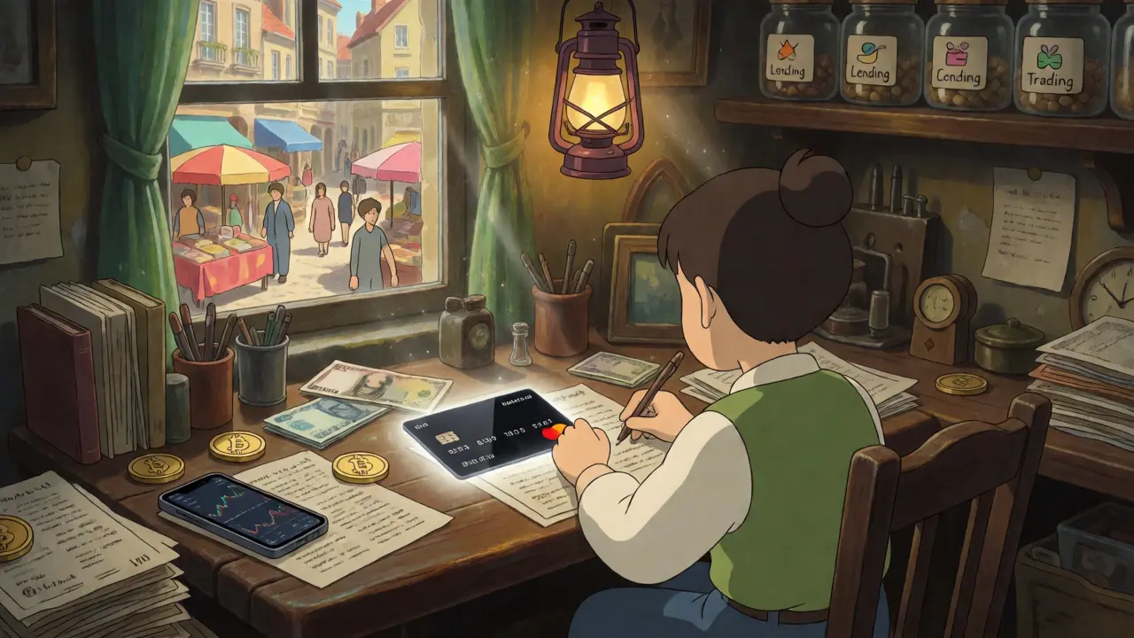 An alchemist's workshop with trading tools, a debit card, and mixed cultural elements.