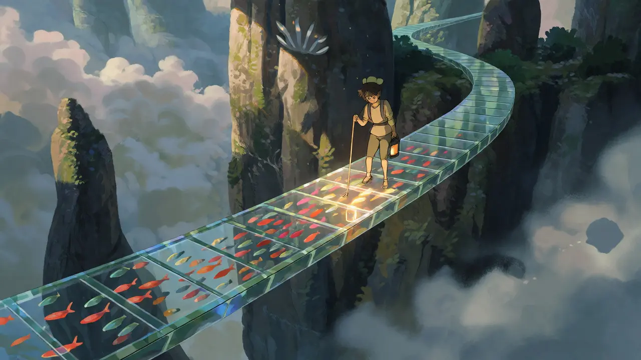 Anime character focusing on a specific bright section of a glass bridge over a misty valley.