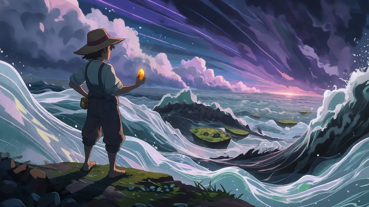 Anime farmer on a cliff overlooking a volatile digital ocean holding a golden seed.