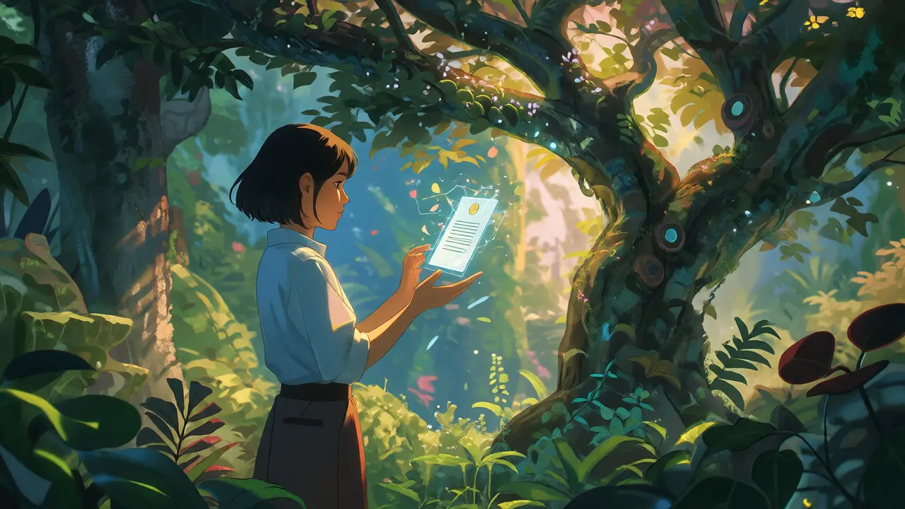 Anime illustration of a girl activating a smart contract that makes a tree bloom instantly