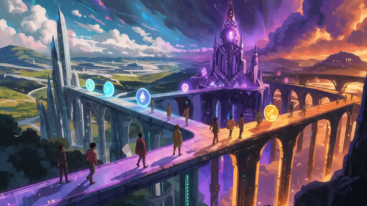 Anime landscape showing three distinct crypto network zones