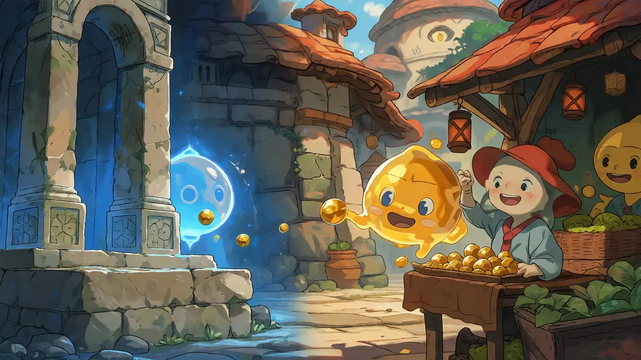Anime scene contrasting governance structures with a bustling marketplace exchanging golden orbs.