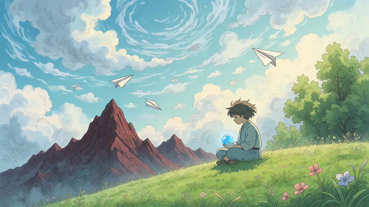 Anime scene of a person relaxing on a hill with a glowing orb, ignoring distant red price-crash mountains.