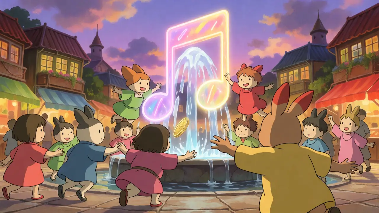 Anthropomorphic characters connecting to a central musical structure in a digital plaza.