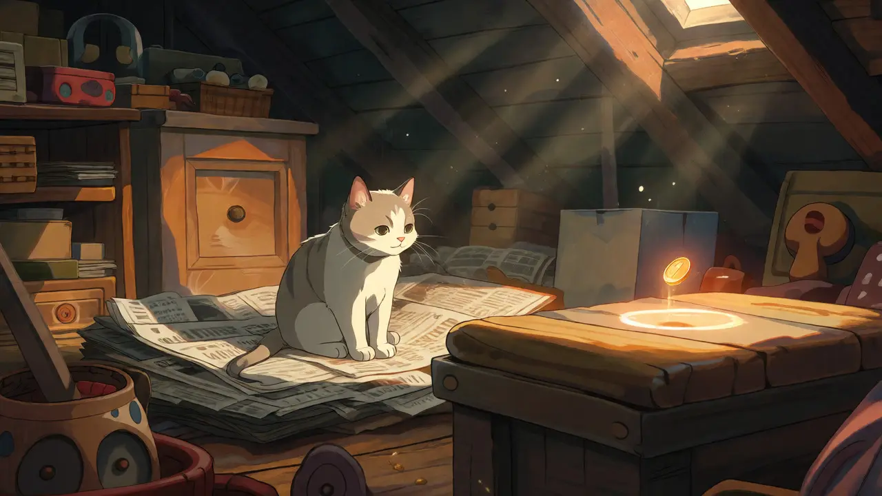 Cat watching a fading holographic coin in a dusty, sunlit attic room