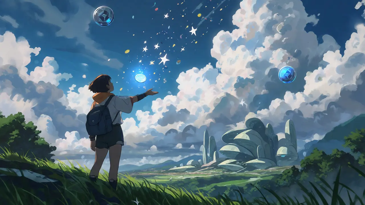 Character catching glowing crypto tokens on a grassy hill