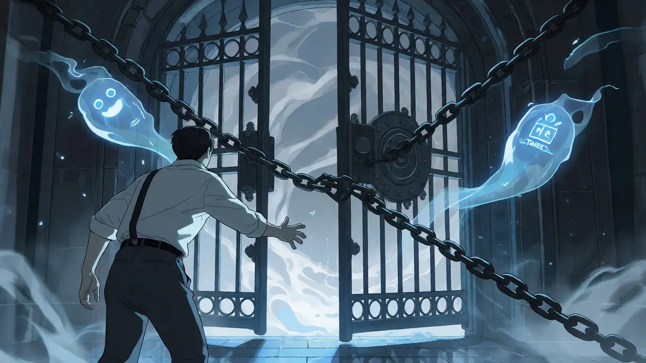 Character facing a locked vault gate surrounded by fee spirits
