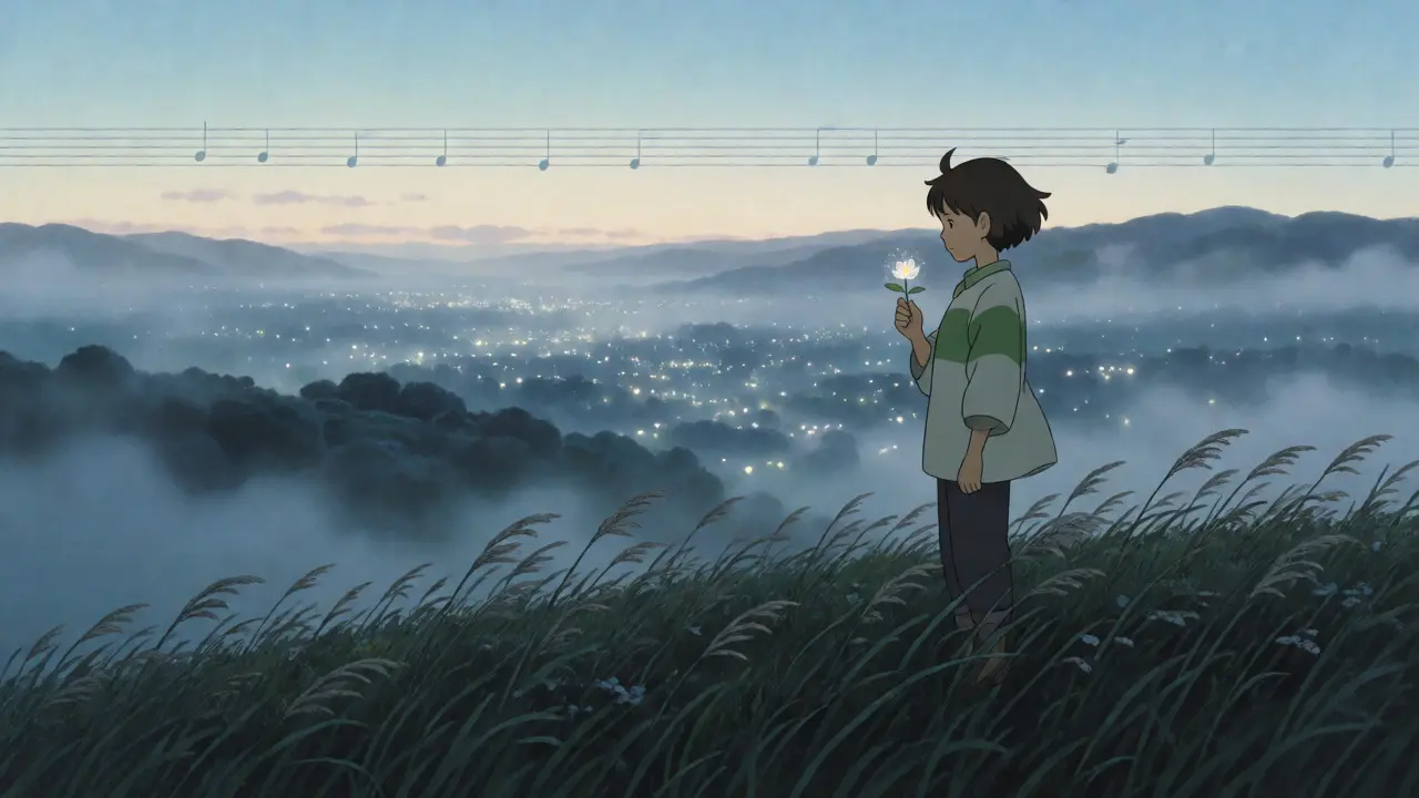 Character holding a fragile light-flower on a hill overlooking a misty valley.