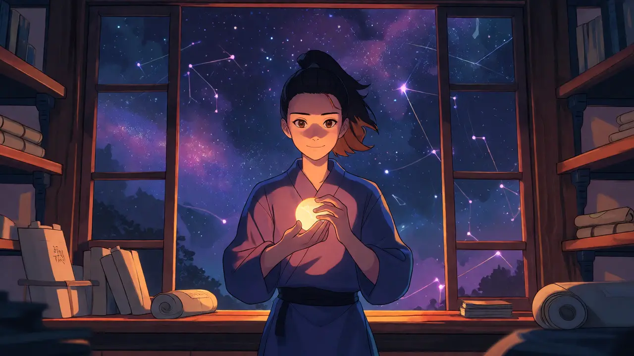 Character holding a glowing key securely in a twilight study