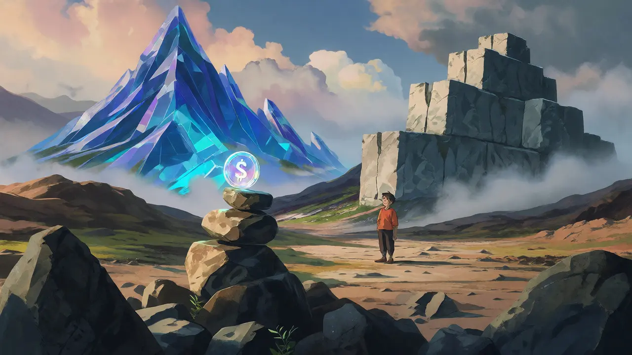 Character standing between crystal and stone mountains representing Solana and Ethereum