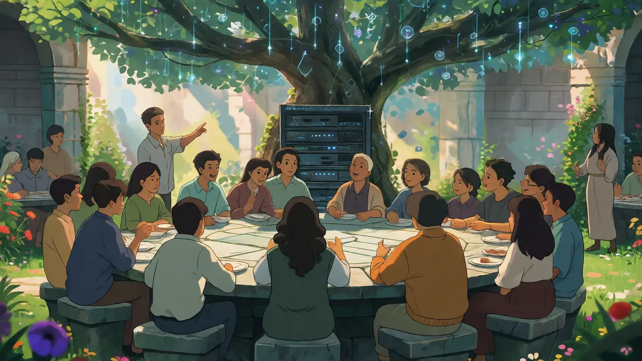 Community members sharing insights under a digital tree in a sunny garden
