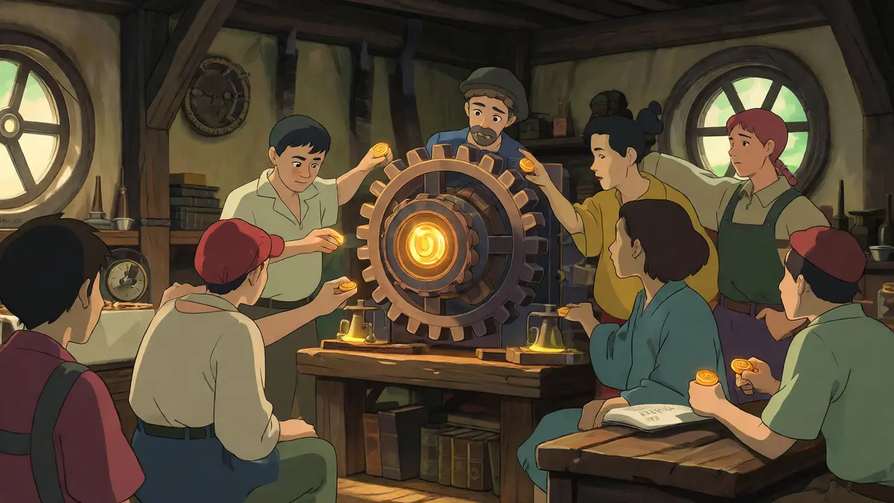 Diverse group contributing glowing tokens to a large gear mechanism in a rustic workshop.