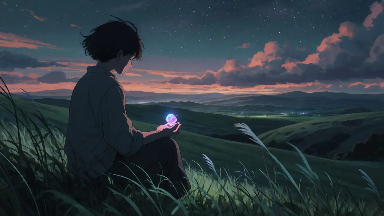 Figure holding a glowing orb on a hill at twilight