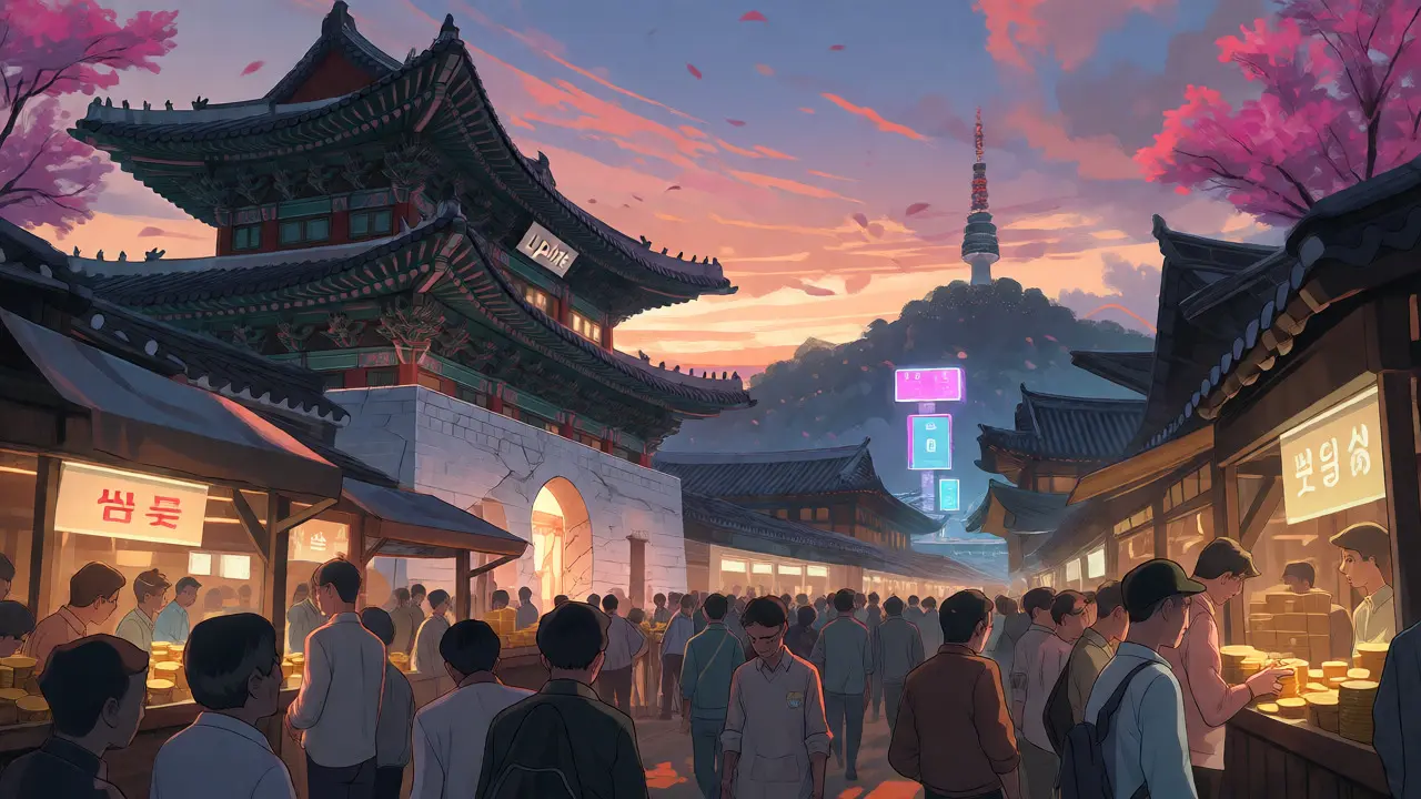 Futuristic Seoul market scene showing traders moving funds away from a cracking palace.