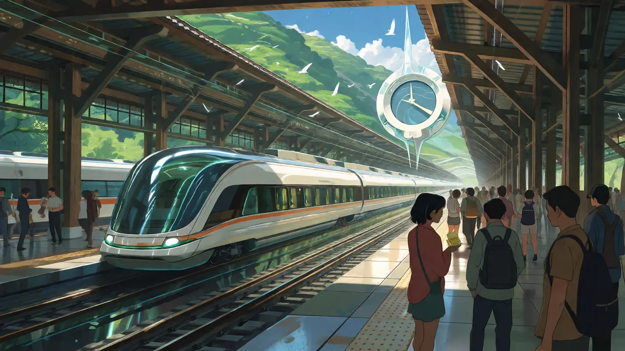 Futuristic train station with clock spirit in Ghibli style