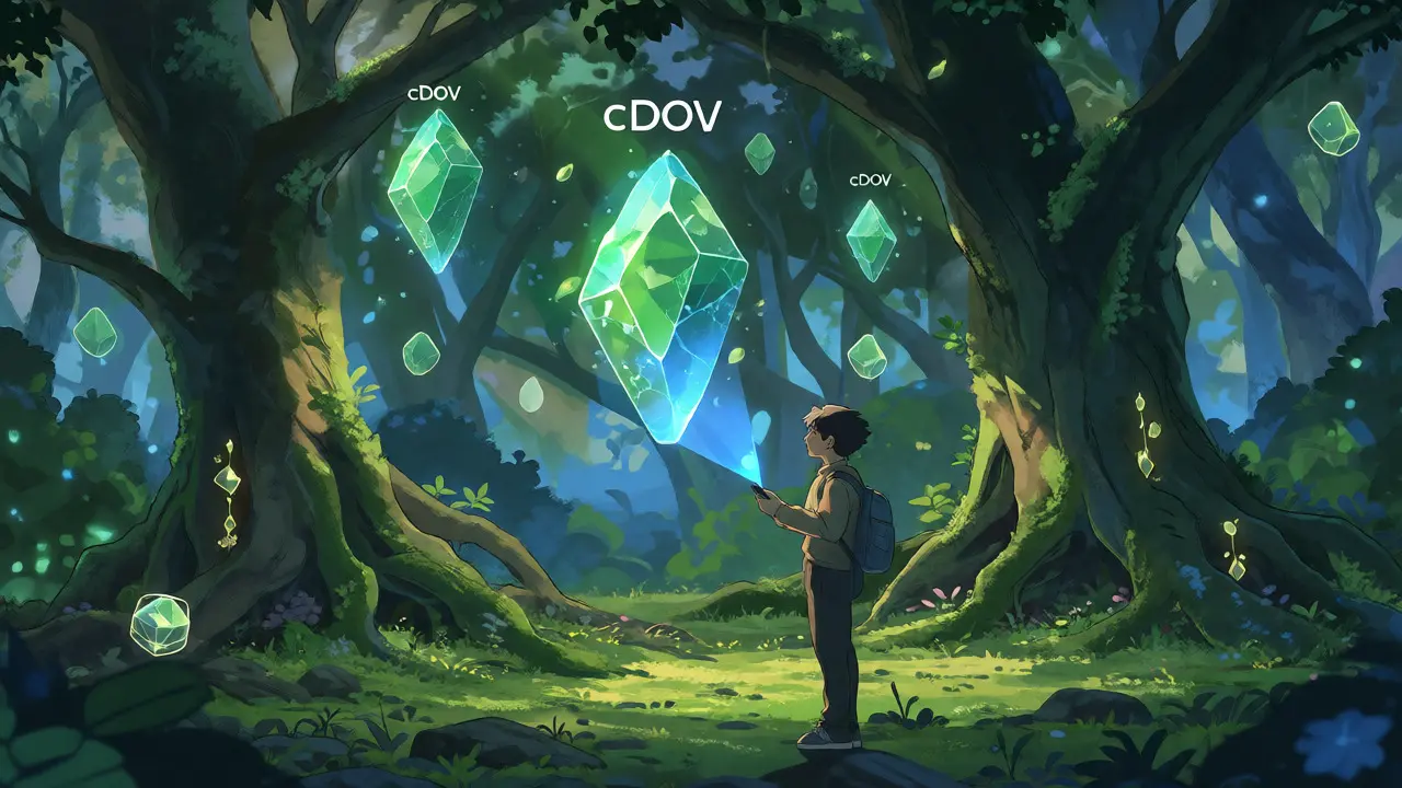 Ghibli style forest with glowing carbon credit crystals