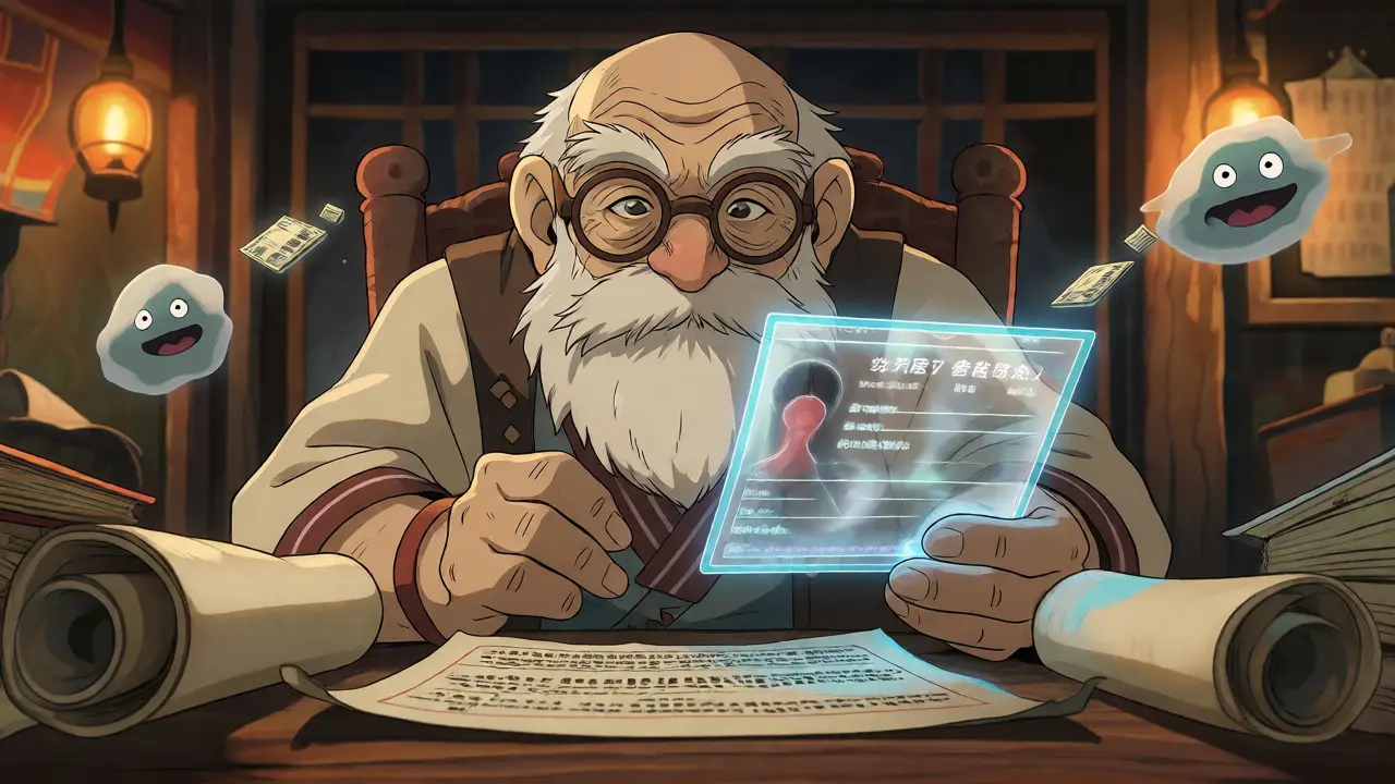 Ghibli-style regulator examining a blurry holographic driver's license with concern.