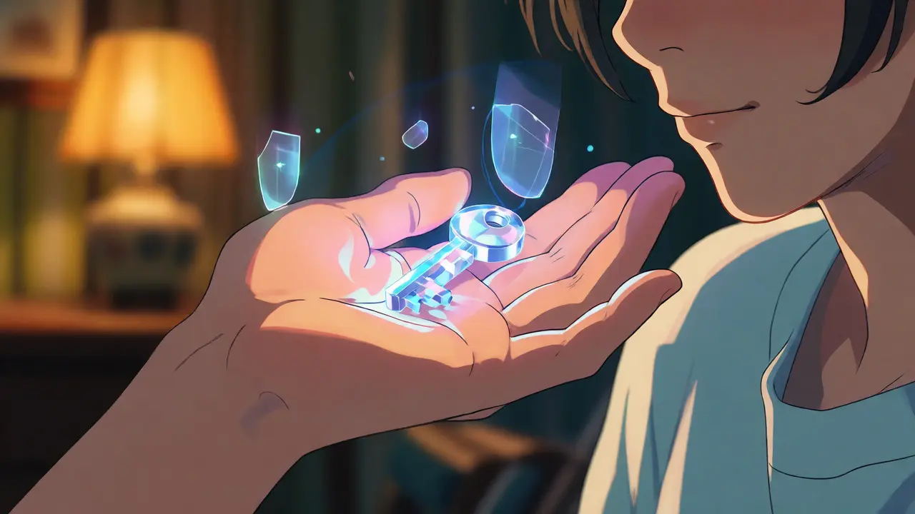 Hand holding a glowing crystal key for digital security