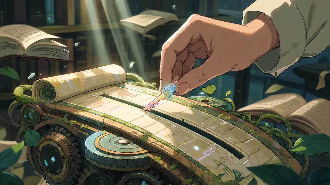 Hand placing a key into a glowing, vine-wrapped console