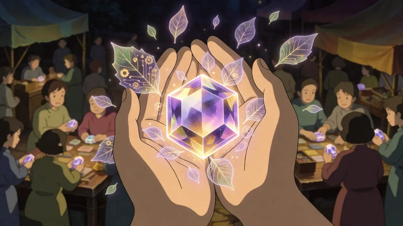 Hands holding a glowing crystal token in a fantasy market setting