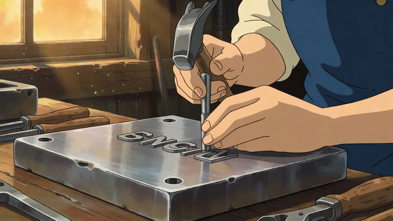 Hands stamping letters onto a durable metal backup plate