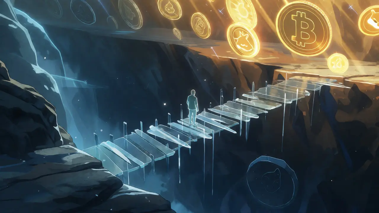 Lone figure on a fragile glass bridge overlooking a dark abyss of low liquidity