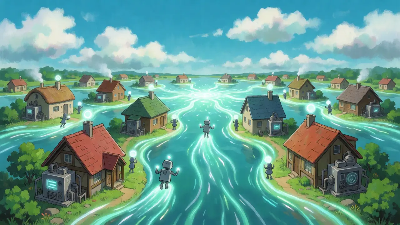 Luminous energy streams connecting homes in a Ghibli landscape