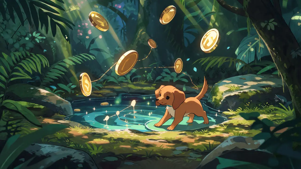 Magical forest scene with Vizsla spirits and floating coins in a pool.