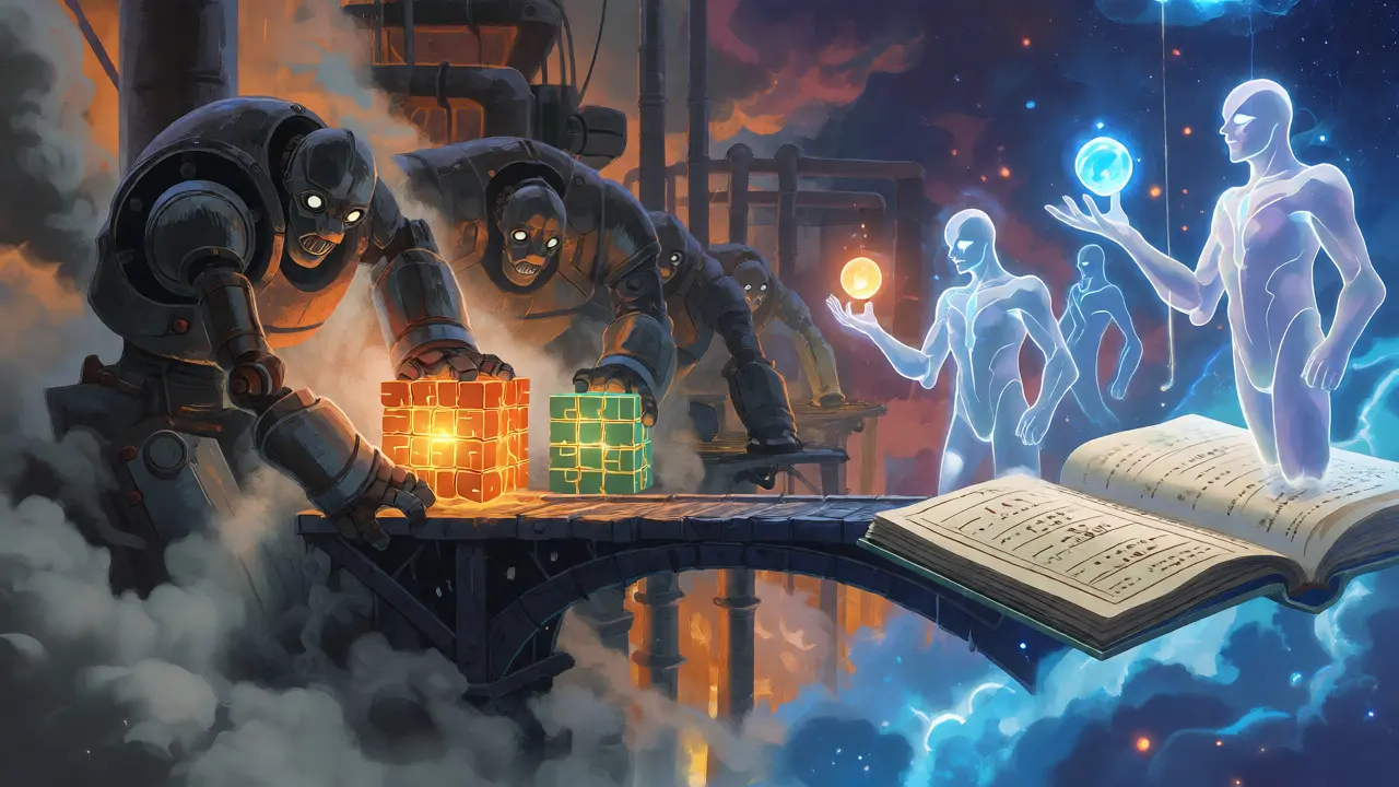 Mechanical golems vs floating validators in Ghibli art
