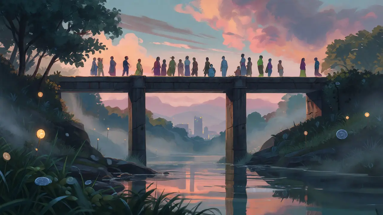 Narrow bridge over a misty river at dawn with floating lights