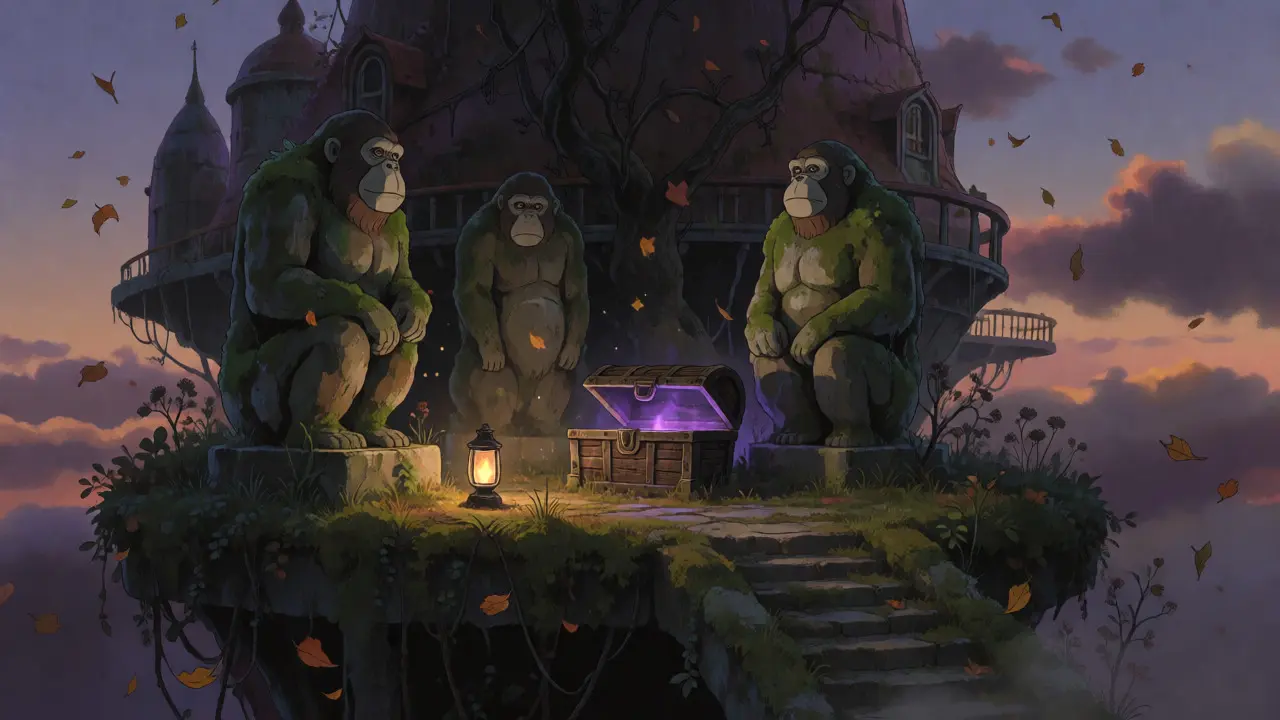 Overgrown floating yacht club with mossy ape statues and a leaking treasure chest in twilight.
