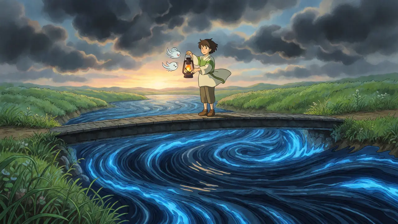Person balancing glowing lantern over turbulent river