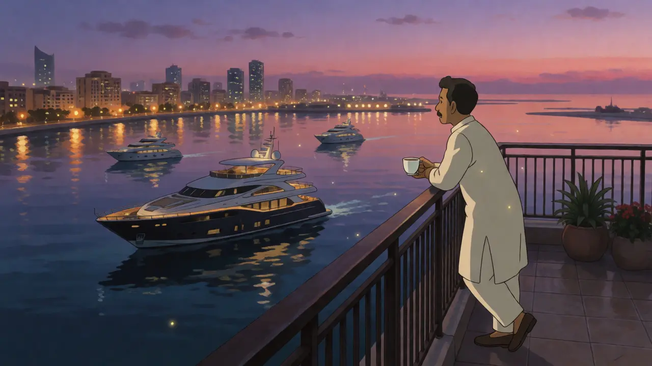 Relaxed trader enjoying sunset over Dubai Marina waterfront