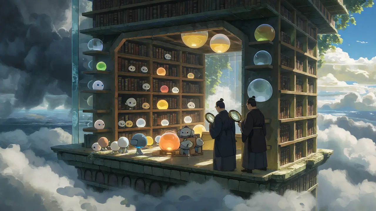 Robots organize glowing transaction orbs in a floating library under stormy skies.