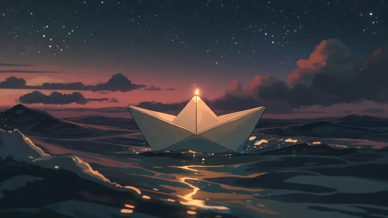 Small paper boat with a candle floating on a vast, dark ocean at twilight